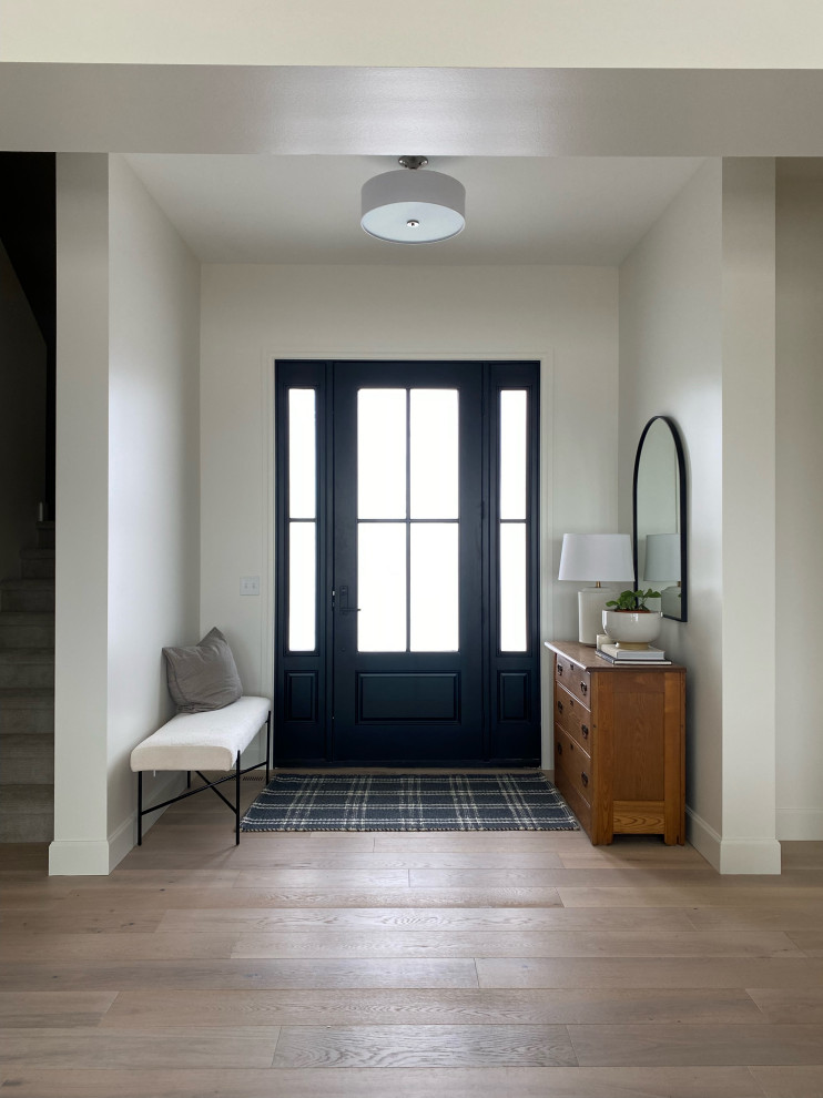 Foto på en mellanstor funkis ingång och ytterdörr, med vita väggar, ljust trägolv, en enkeldörr, en blå dörr och flerfärgat golv