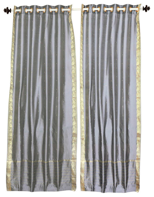 Lined-Gray Ring Top  Sheer Sari Cafe Curtain / Drape - 43W x 36L - Piece