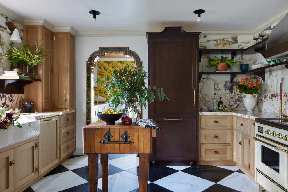Enclosed kitchen - mid-sized mediterranean marble floor and black floor enclosed kitchen idea in Los Angeles with a farmhouse sink, shaker cabinets, light wood cabinets, marble countertops, multicolored backsplash, marble backsplash and multicolored countertops