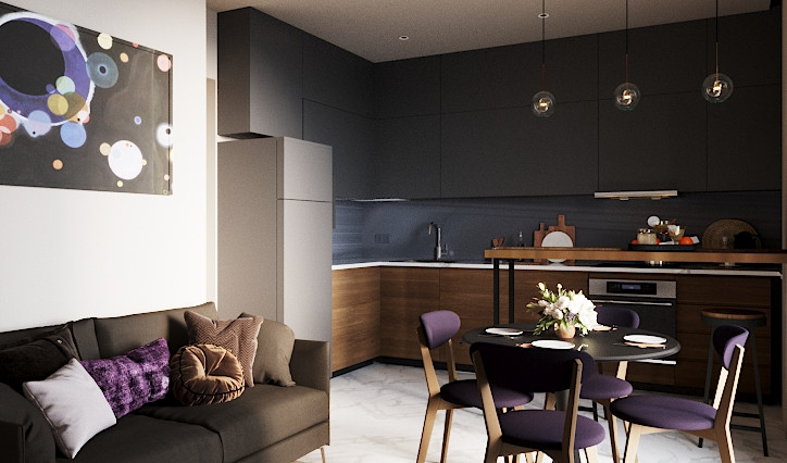 Темно-фиолетовая кухня-гостиная