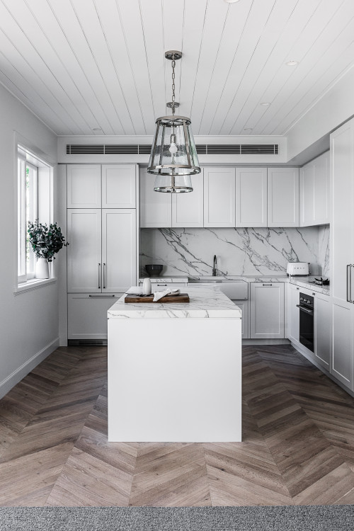 Small Kitchen, Big Impact: White Kitchen Island Ideas with Shiplap Ceiling and Marble Backsplash