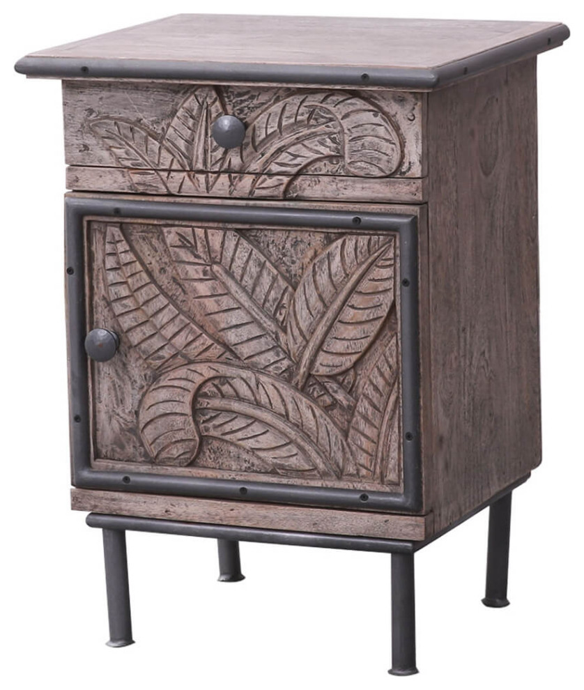 Tarquin HandCarved Solid Wood Iron Trim Nightstand Industrial
