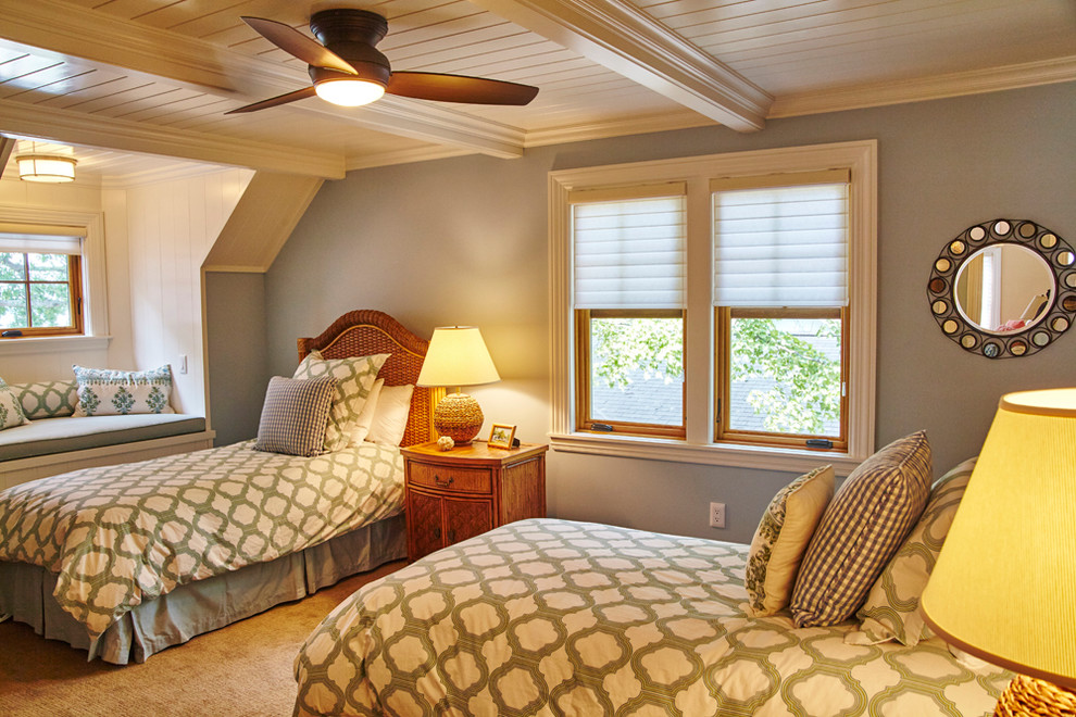 Mid-sized transitional carpeted bedroom photo with blue walls and no fireplace