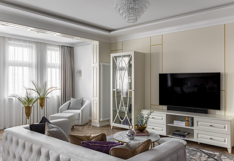 Large formal open concept living room in Moscow with multi-coloured walls, vinyl floors, a built-in media wall, brown floor, recessed and panelled walls.