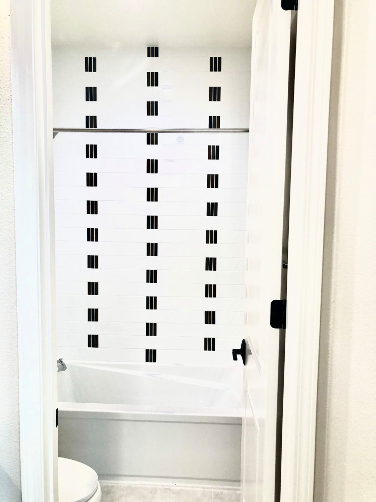 Mid-sized transitional multicolored tile and glass tile porcelain tile, gray floor and double-sink alcove shower photo in Orange County with flat-panel cabinets, brown cabinets, white walls, an undermount sink, quartz countertops, white countertops and a built-in vanity