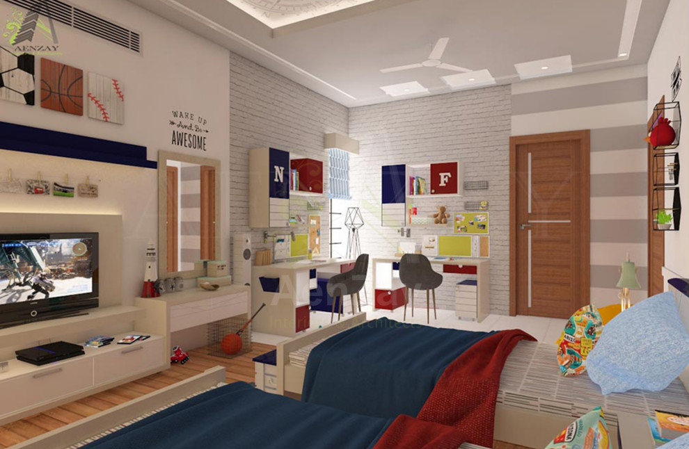 Exempel på ett stort modernt könsneutralt barnrum kombinerat med sovrum, med flerfärgade väggar, målat trägolv och flerfärgat golv