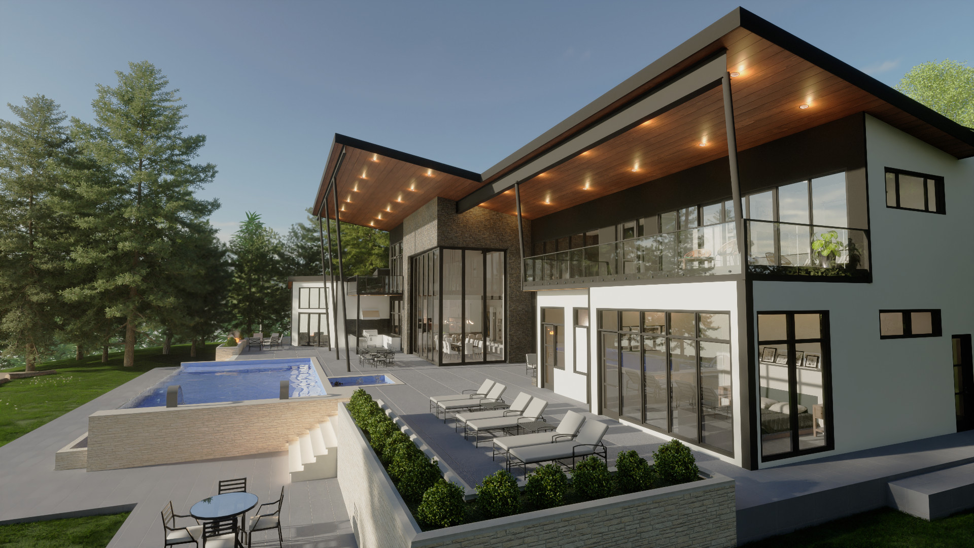 The rear view of Glass House features a stunning infinity pool and multiple outdoor living areas. The large glass windows and doors provide seamless access to the outdoor spaces, perfect for entertain