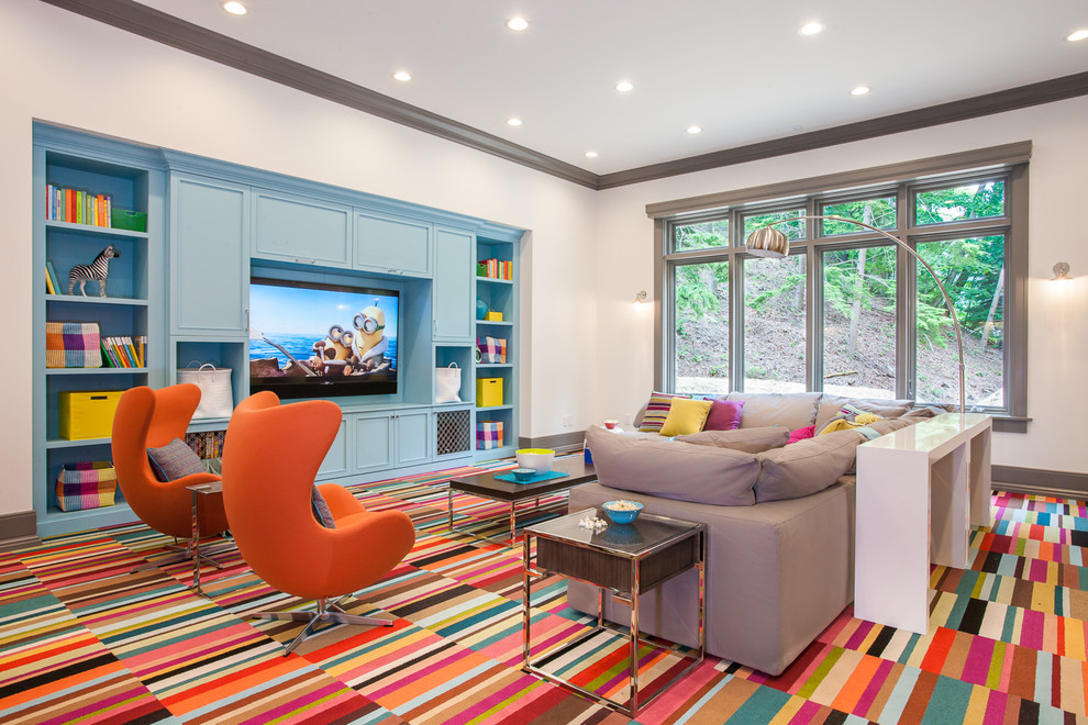 Inspiration for a large contemporary family room in Grand Rapids with white walls, ceramic floors, a built-in media wall and multi-coloured floor.