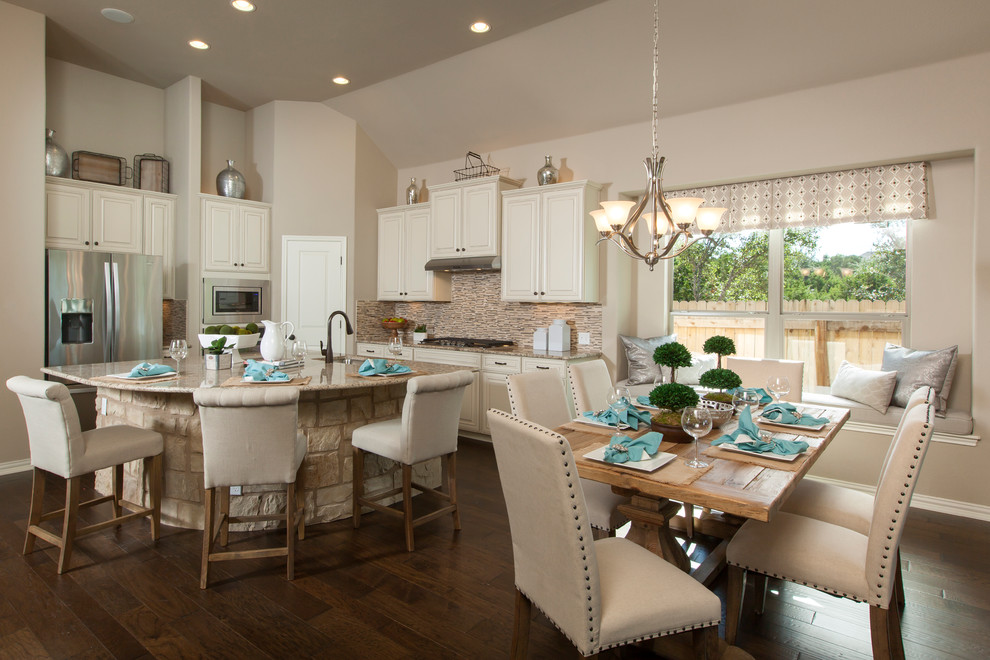 Design ideas for a transitional kitchen/dining combo in Austin with grey walls, dark hardwood floors and no fireplace.