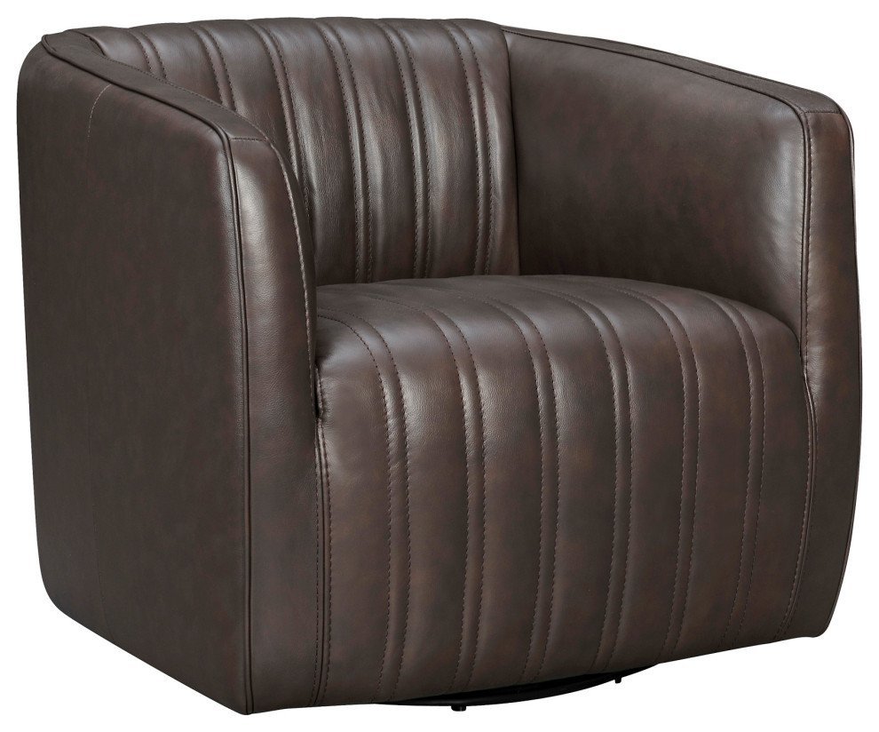 Aries Espresso Genuine Leather Swivel Barrel Chair Contemporary