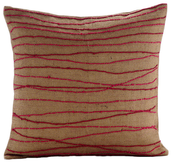 Bed Lounge Pillow Red 20"x20" Striped Cotton Burlap Lurex, Ambrosia