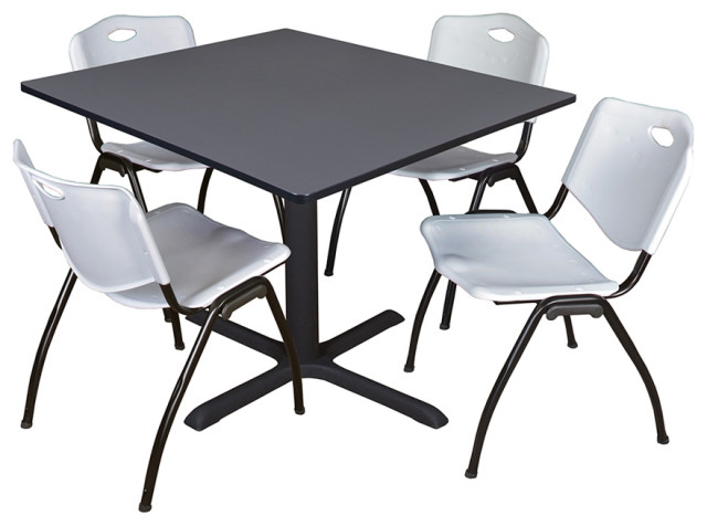 Cain 48 Square Breakroom Table- Grey & 4 'M' Stack Chairs- Grey
