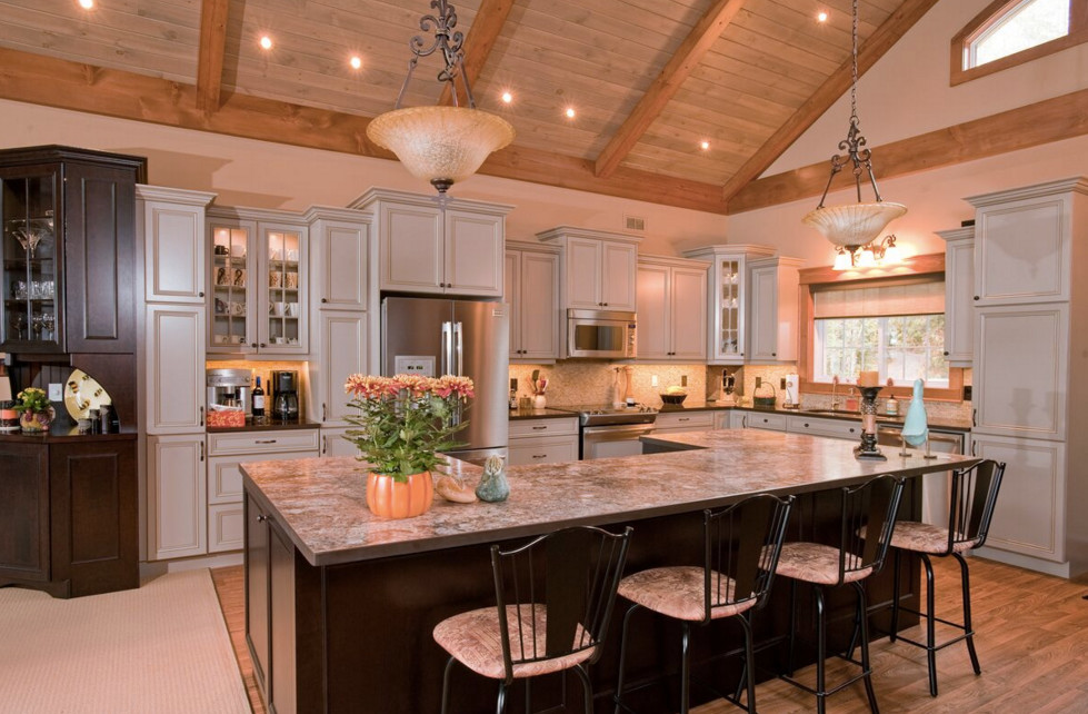 Open concept kitchen - large rustic galley light wood floor open concept kitchen idea in Boston with an undermount sink, shaker cabinets, dark wood cabinets, granite countertops, stainless steel appliances and an island