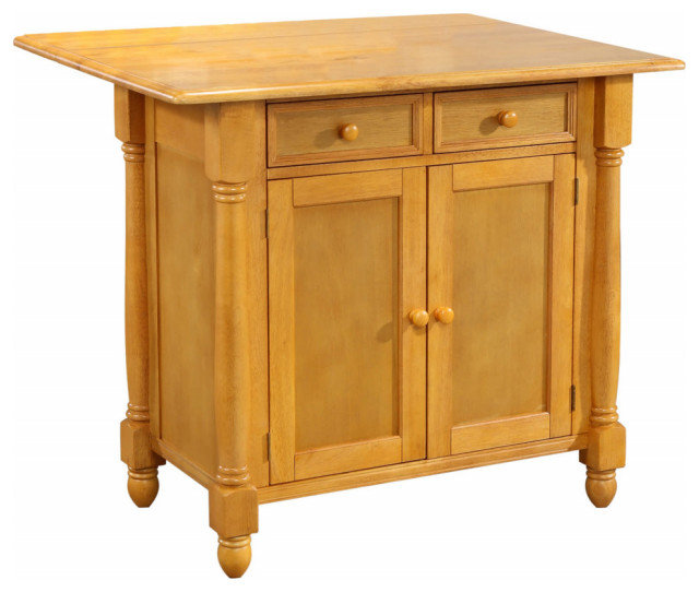 Light Oak Extendable Kitchen Island With Drop Leaf Top, Drawers And