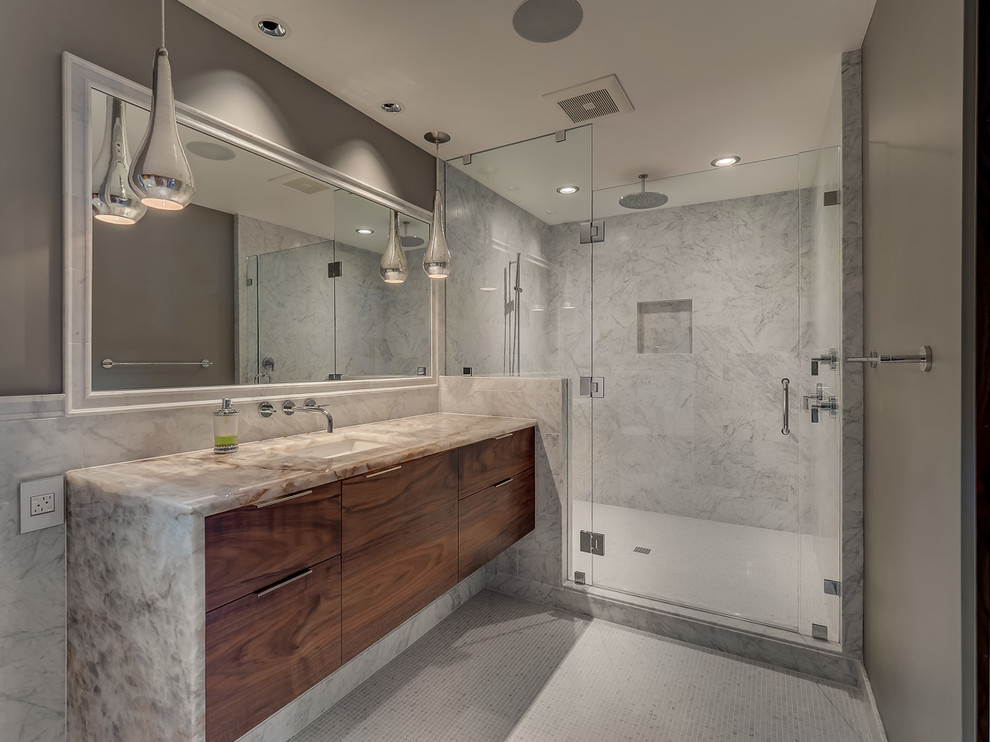 Design ideas for a contemporary bathroom in Portland with a hinged shower door.