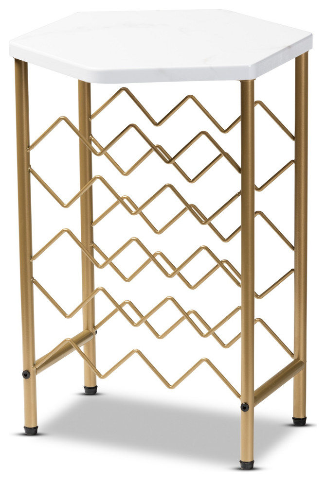 Modern and Contemporary Gold Finished Metal Wine Rack With Faux Marble Tabletop Contemporary