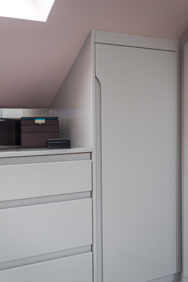 Inspiration pour une grande armoire encastrée minimaliste avec un placard à porte plane, des portes de placard grises, moquette, un sol gris et un plafond décaissé.