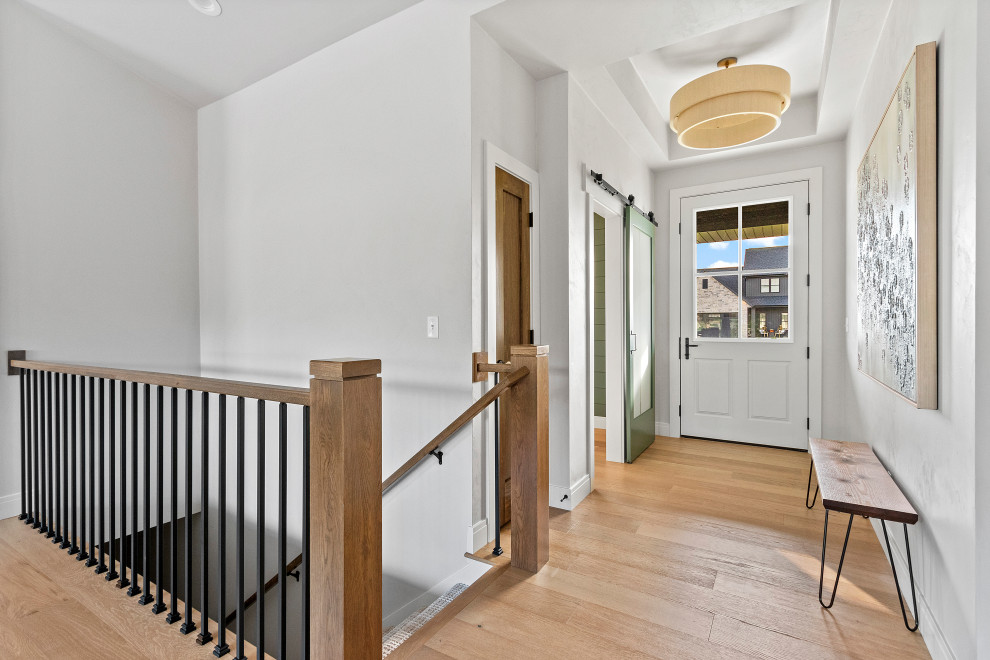 Mid-sized transitional medium tone wood floor, brown floor and tray ceiling foyer photo with white walls and a white front door