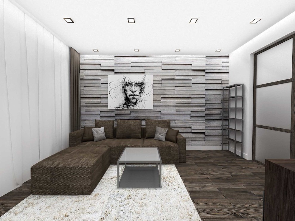 Черно-серая квартира с черно-коричневой кухней