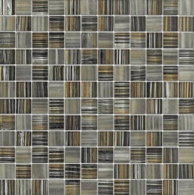 Zephyr Black & Beige Pinstrip Glossy Square Pattern Glass Mosaic Tiles, Sheet