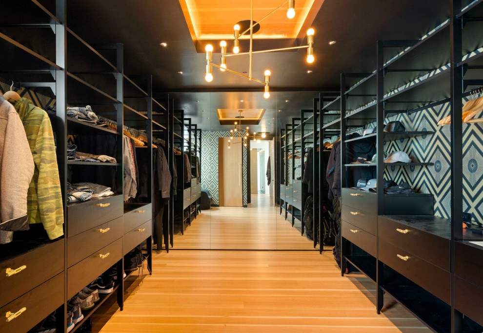 Inspiration for a contemporary storage and wardrobe in Other with flat-panel cabinets, black cabinets, medium hardwood floors and brown floor.