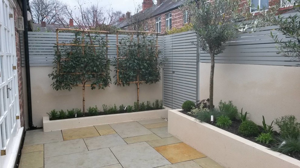 This is an example of a small contemporary courtyard patio in Cheshire with natural stone pavers.