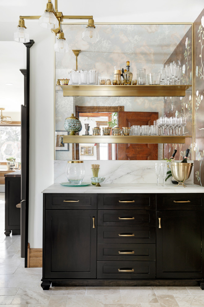 Photo of a large victorian galley dry bar in Minneapolis with shaker cabinets, black cabinets, marble worktops, white splashback, mirror splashback, marble flooring, beige floors and white worktops.