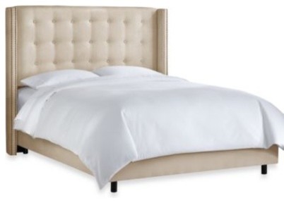 Skyline Nail Button Tufted Wingback Bed in Premier Oatmeal