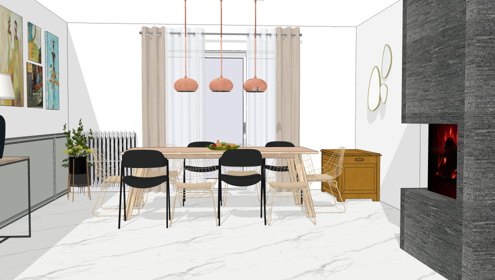 Idée de décoration pour une grande salle à manger ouverte sur le salon minimaliste avec un mur blanc, un sol en marbre, une cheminée d'angle, un manteau de cheminée en pierre de parement et un sol blanc.