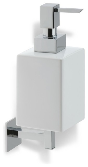 Wall Mounted Square White Ceramic Soap Dispenser, Satin Nickel