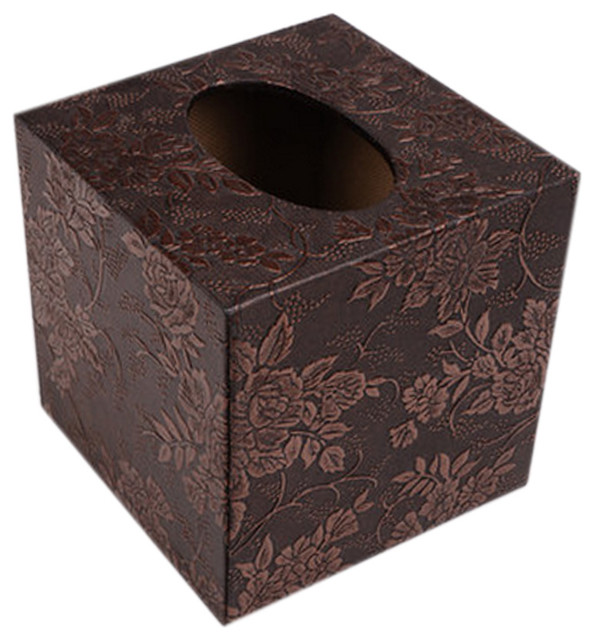 Square Elegant Tissue Box Holder With Flower Carved Patterns Brown