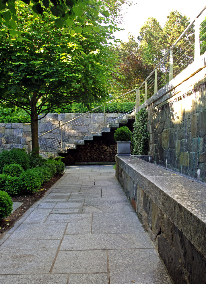 Inspiration for a traditional shaded garden in New York with a water feature.