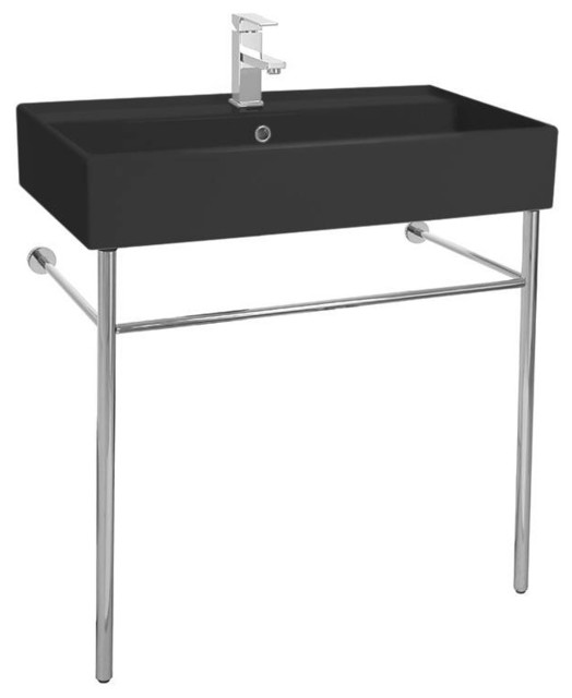 Matte Black Ceramic Console Sink and Polished Chrome Stand