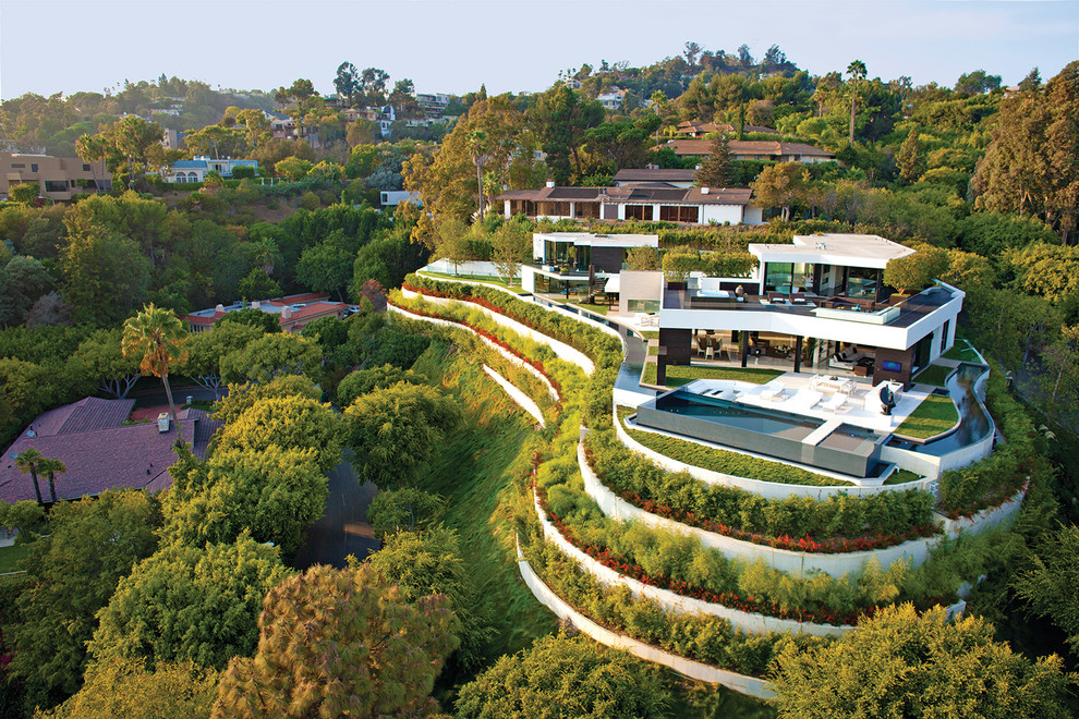 Expansive contemporary sloped full sun garden in Los Angeles with a retaining wall.