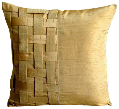 Gold Art Silk 16"x16" Basket Weave Pillows Cover, Gold Brown Bricks