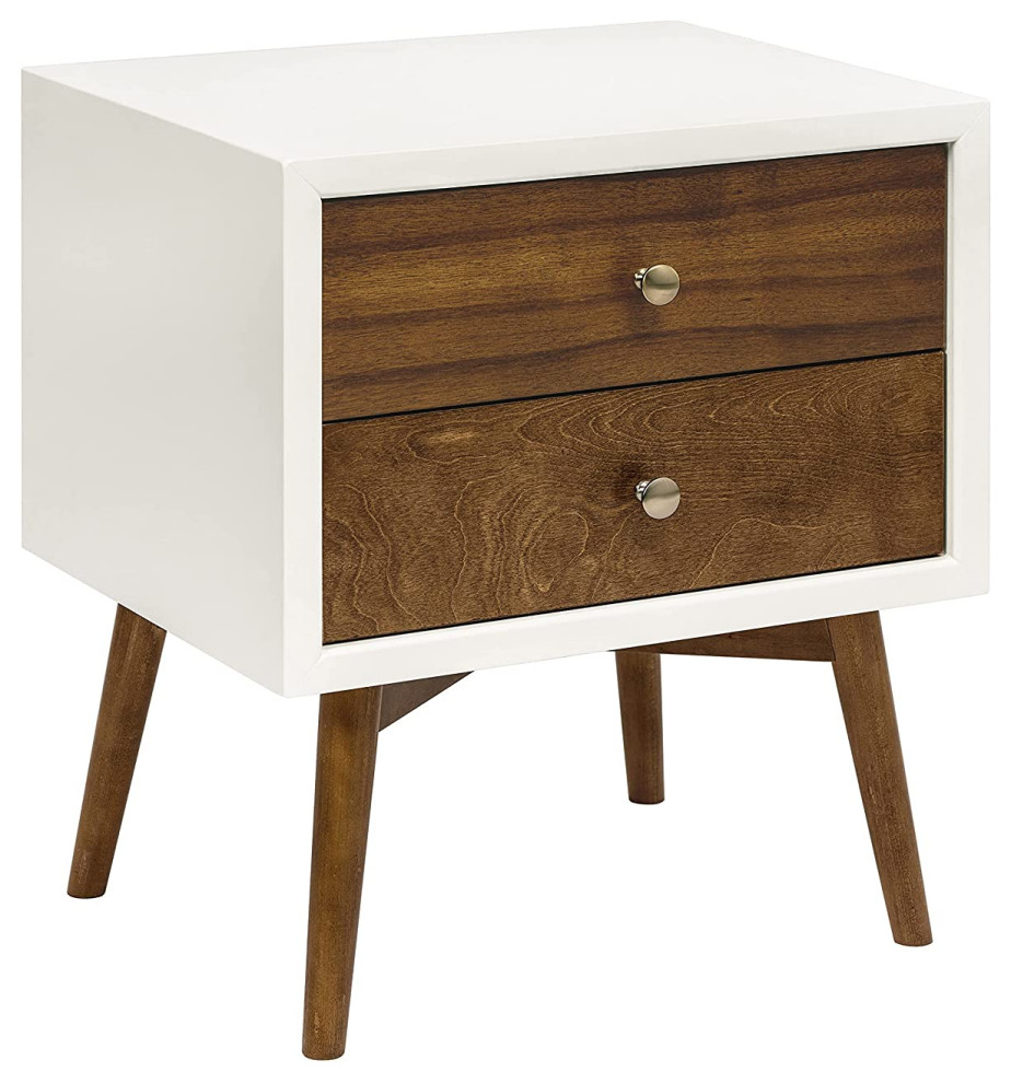 Mid Century Modern Nightstand, 2 Storage Drawers With USB Port, Pine