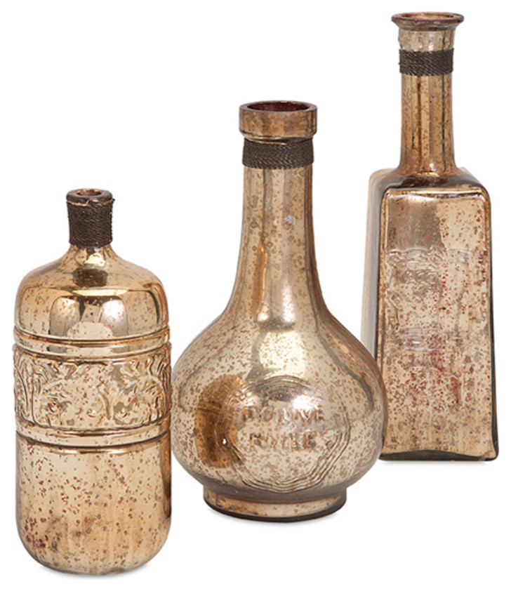 Classic Lovely Bronze Set of 3 Ari Mercury Glass Bottles Home Decor