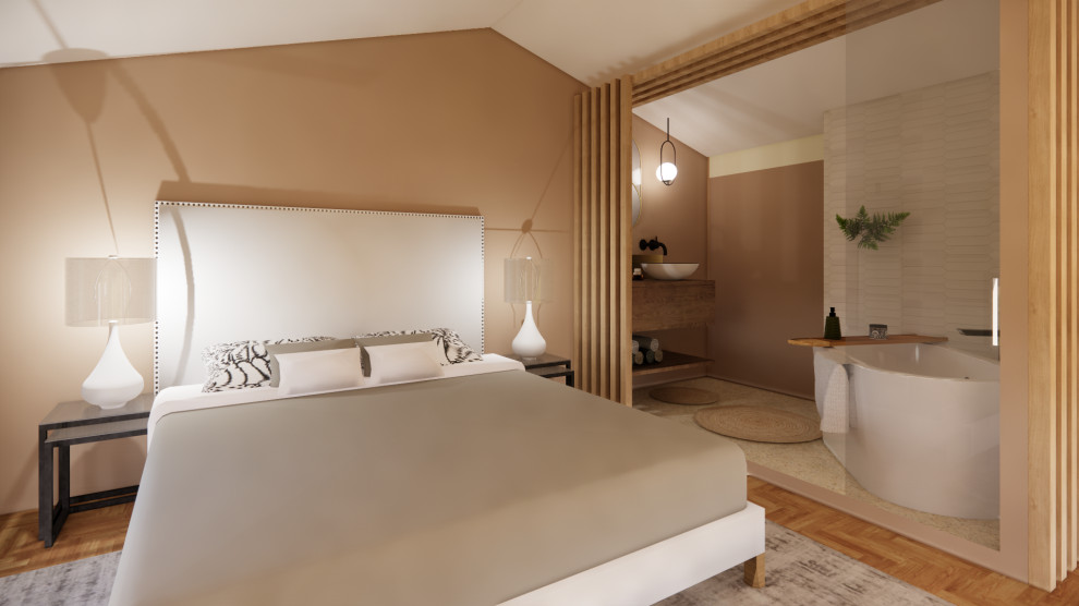 Modelo de dormitorio contemporáneo de tamaño medio sin chimenea con paredes beige, suelo de travertino, suelo beige y vigas vistas