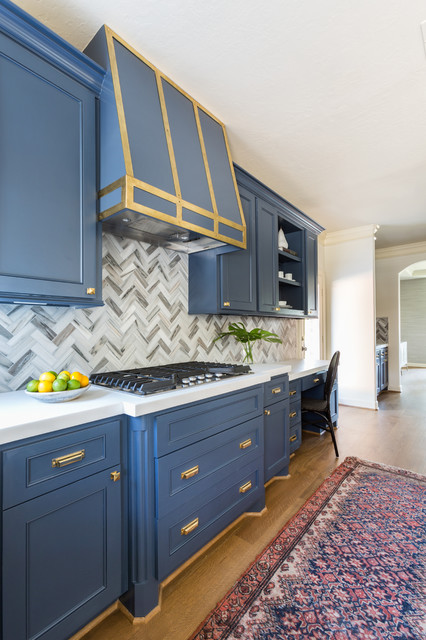 Blue Inset Kitchen Cabinets with Aged Brass Hardware - Transitional -  Kitchen
