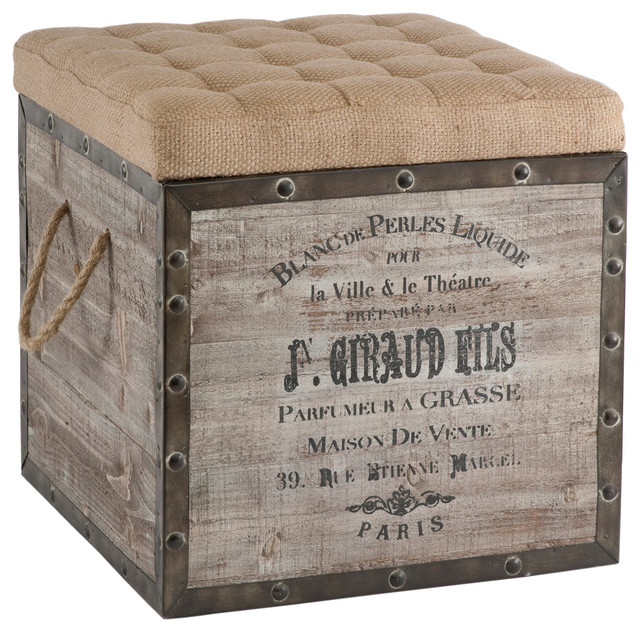French Country Vintage Crate Burlap Cushion Cube Storage Ottoman French Country Vintage Crate Burlap Cushion Cube Storage Ottoman