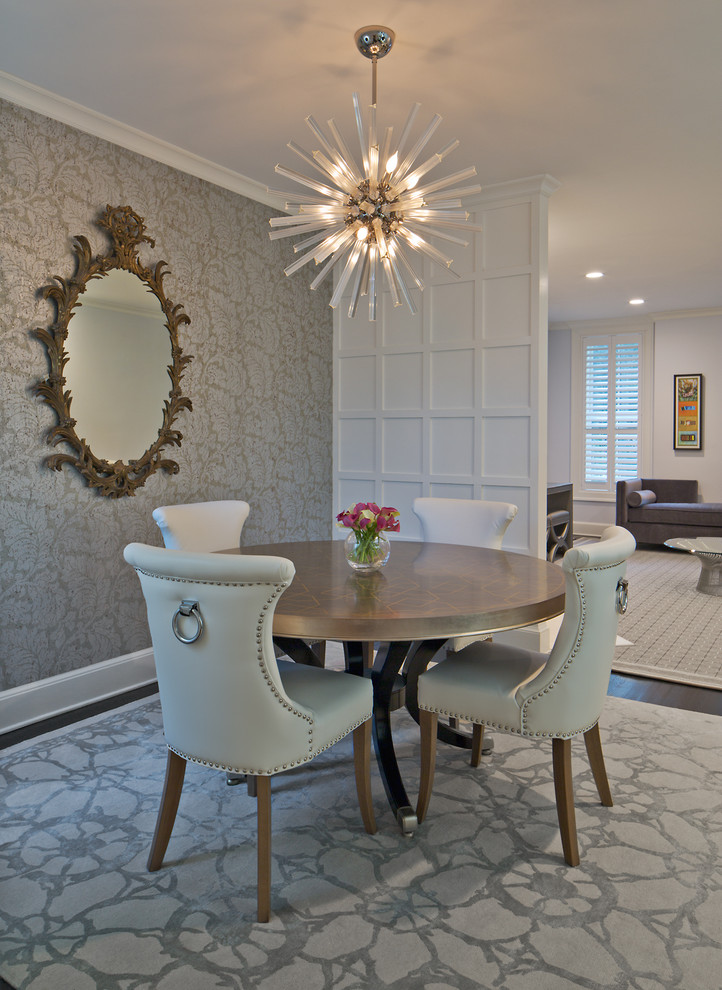 Photo of a mid-sized transitional open plan dining in DC Metro with white walls, dark hardwood floors, no fireplace and brown floor.