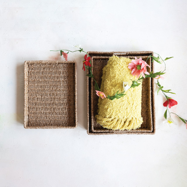 Decorative Hand-Woven Bankuan Trays With Handles, Natural, Set of 3 ...