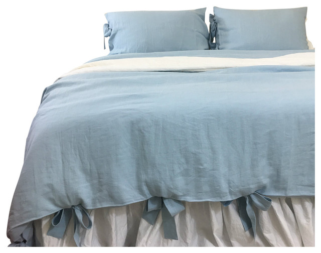 Blue Duvet Cover Wit Bow Ties Natural Linen Contemporary