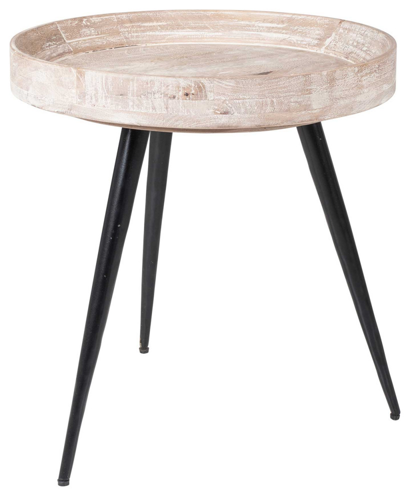 Trey Round Wood & Iron Accent Table, Light Natural - Midcentury - Side ...