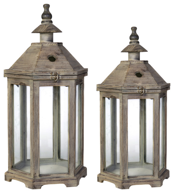 Benzara Temple Design Wooden Lantern With Glass Panels, Brown, 2-Piece Set