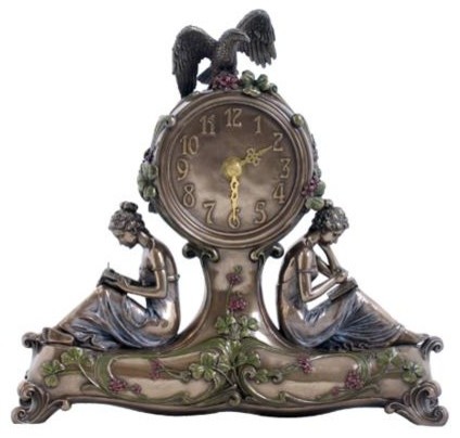 10.75 Inch Art Nouveau Table Clock Bronzehue Nymph Eagle Clover Motif