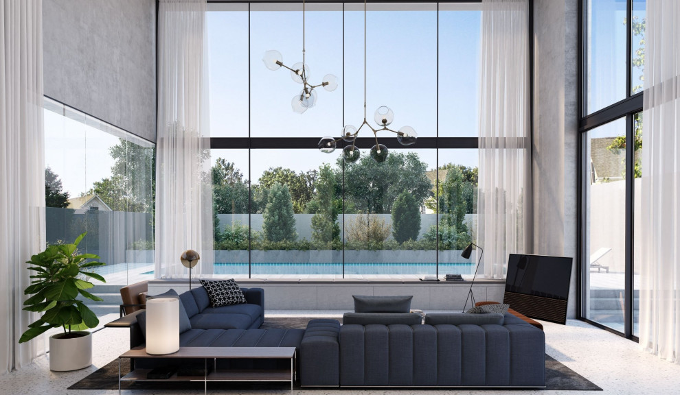 This is an example of a large contemporary open concept living room in Melbourne with grey walls, a freestanding tv and white floor.