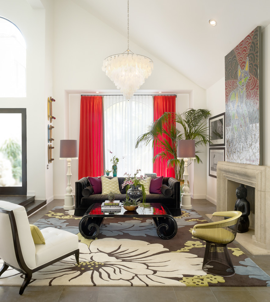 Inspiration for a contemporary living room in Orange County with white walls and a standard fireplace.