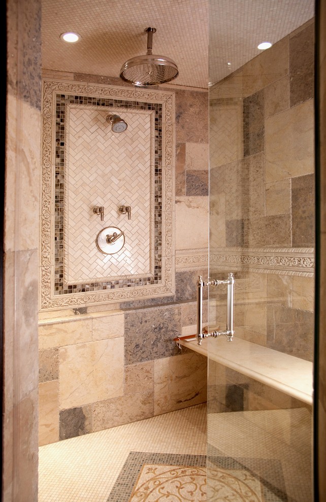 This is an example of a traditional bathroom in Chicago with mosaic tile.