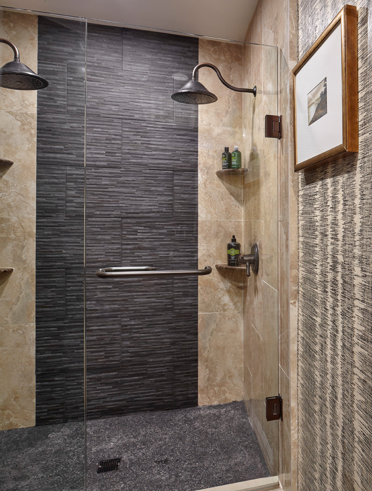 Mid-sized transitional master bathroom in Denver with flat-panel cabinets, medium wood cabinets, a double shower, black tile, slate, beige walls, limestone floors, an integrated sink, beige floor, a hinged shower door and white benchtops.